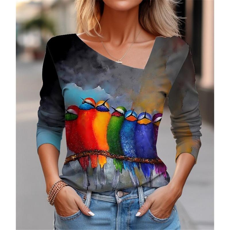 Seksowny diagonalny kołnierzyk z uniwersalnym cyfrowym nadrukiem 3D T-shirt damski na co dzień wiosna jesień długi rękaw koszulka rekreacyjna odzież