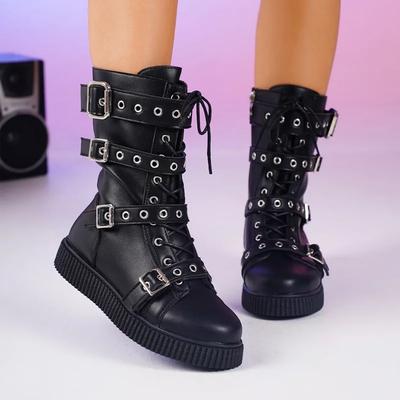 2025 Übergröße PU Damenstiefel Runde Zehenpartie Seitlicher Reißverschluss Niedriger Absatz Mid-Calf-Stiefel Gürtelschnalle Schnürung Vielseitige Moderne Schuhe Zapatos