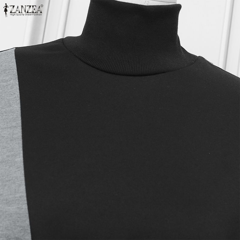 ZANZEA Women Casual Turtleneck Long Sleeve Patchwork Dress