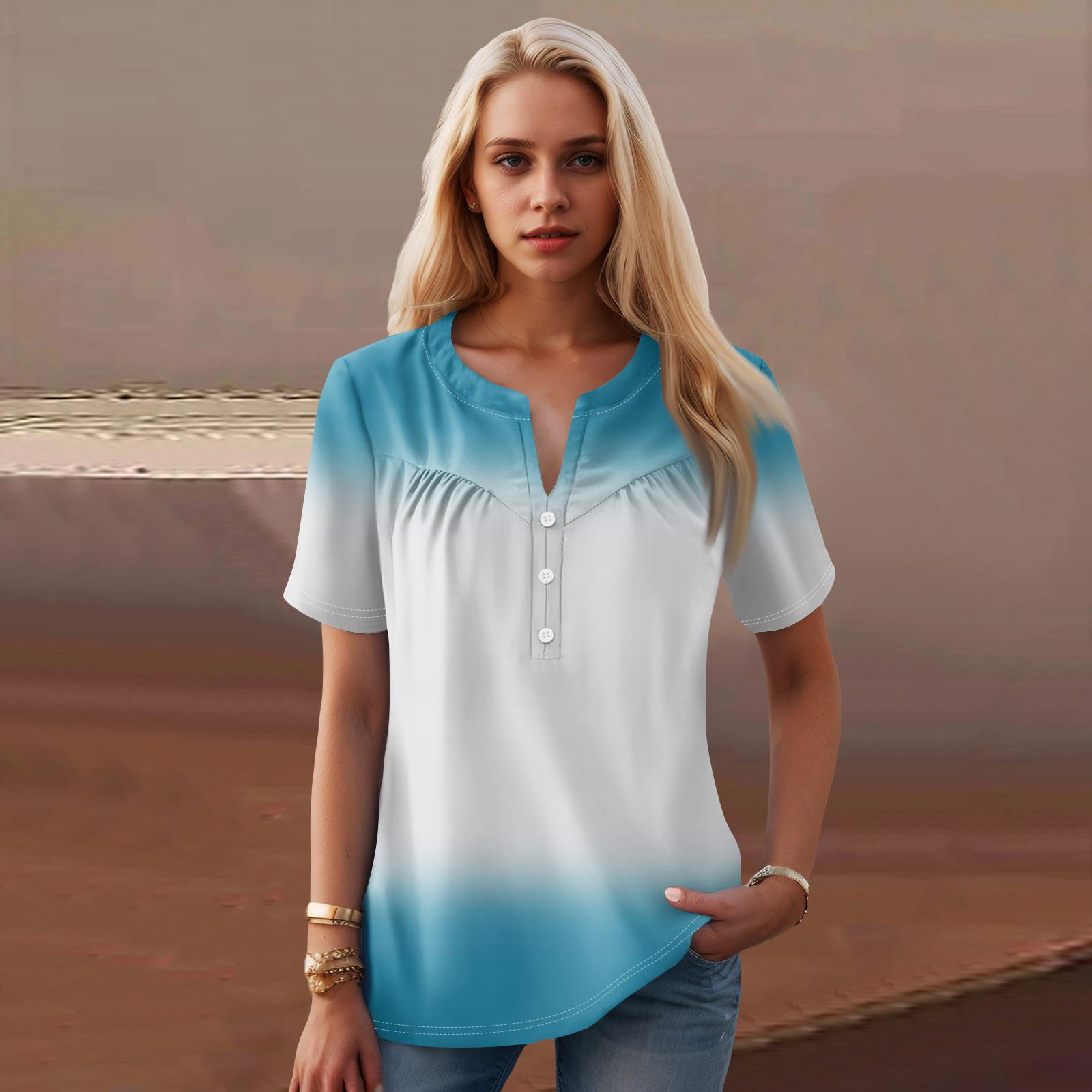 

Женская повседневная футболка с v-образным вырезом и коротким рукавом с цветочным принтом и декоративными пуговицами, топ XL небесно-голубой