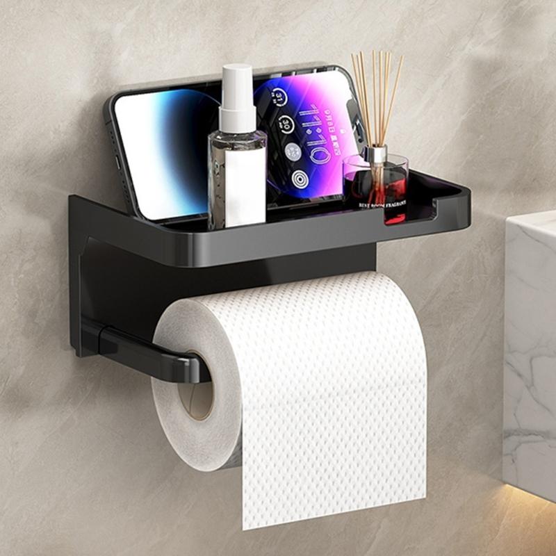 Contemporary Bathroom Shelf with Integrated Phone Tray and Paper Roll Holder Plastic Design Suitable for Washroom