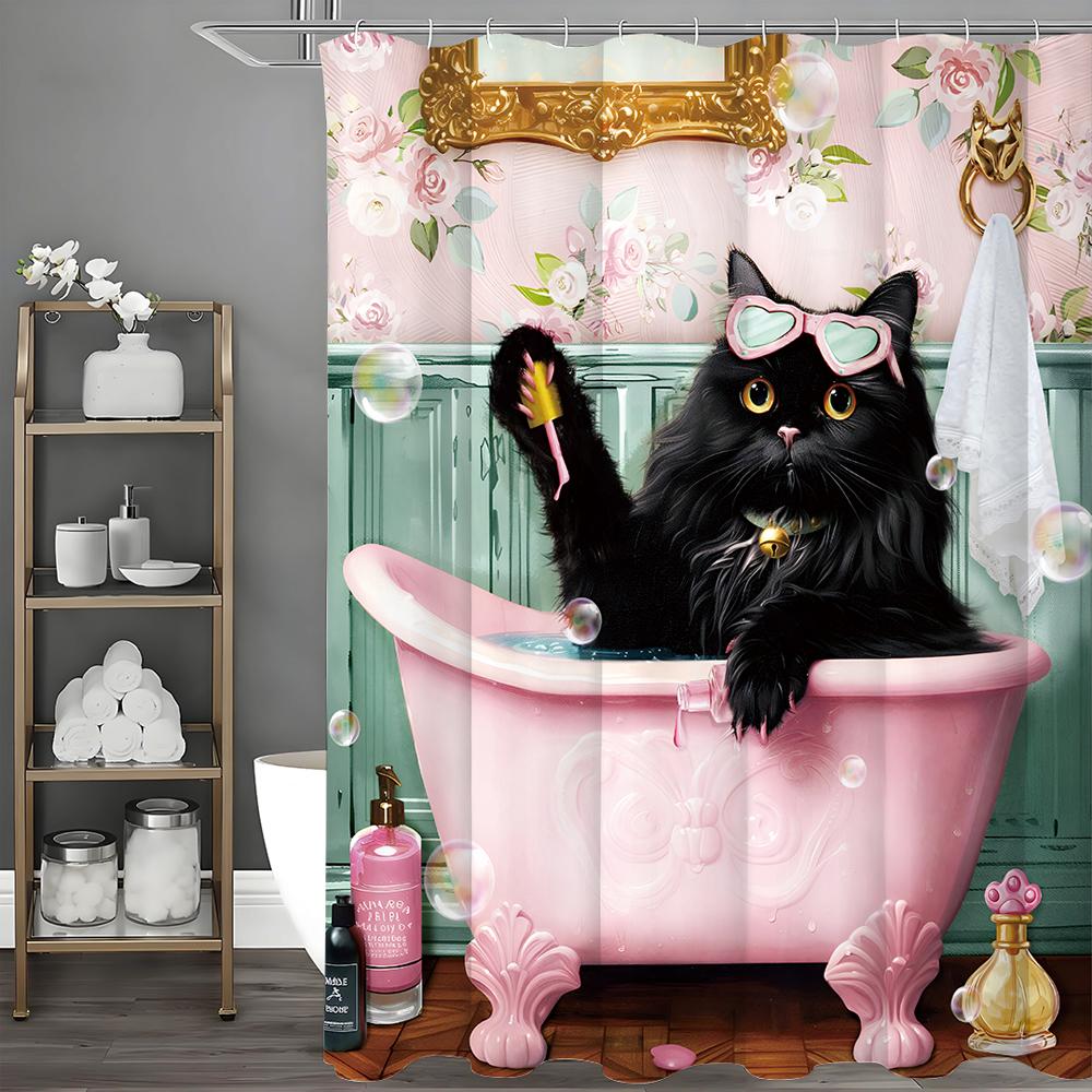 

Черный кот в солнечных очках сидит в ванне, красит ногти, забавная шторка для душа, декоративная шторка для ванной, водонепроницаемая шторка 150*180cm