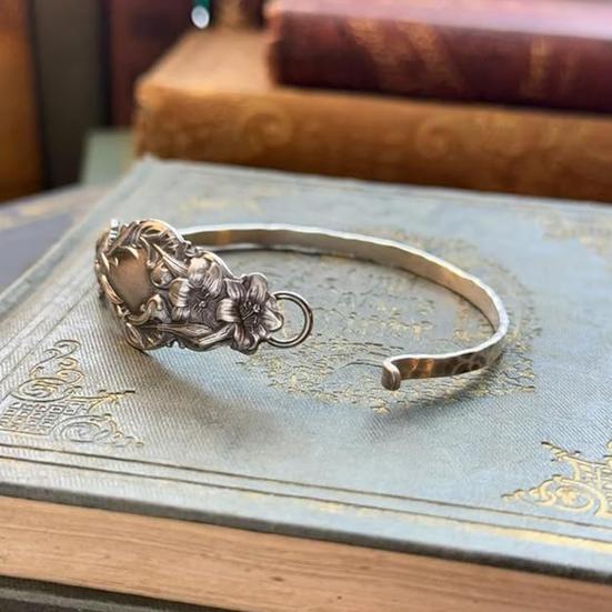 Handmade Sterling Spoon Bangle Floral Pattern Opening Bangle Boho Style Handle Cuff Jewelry Accessories