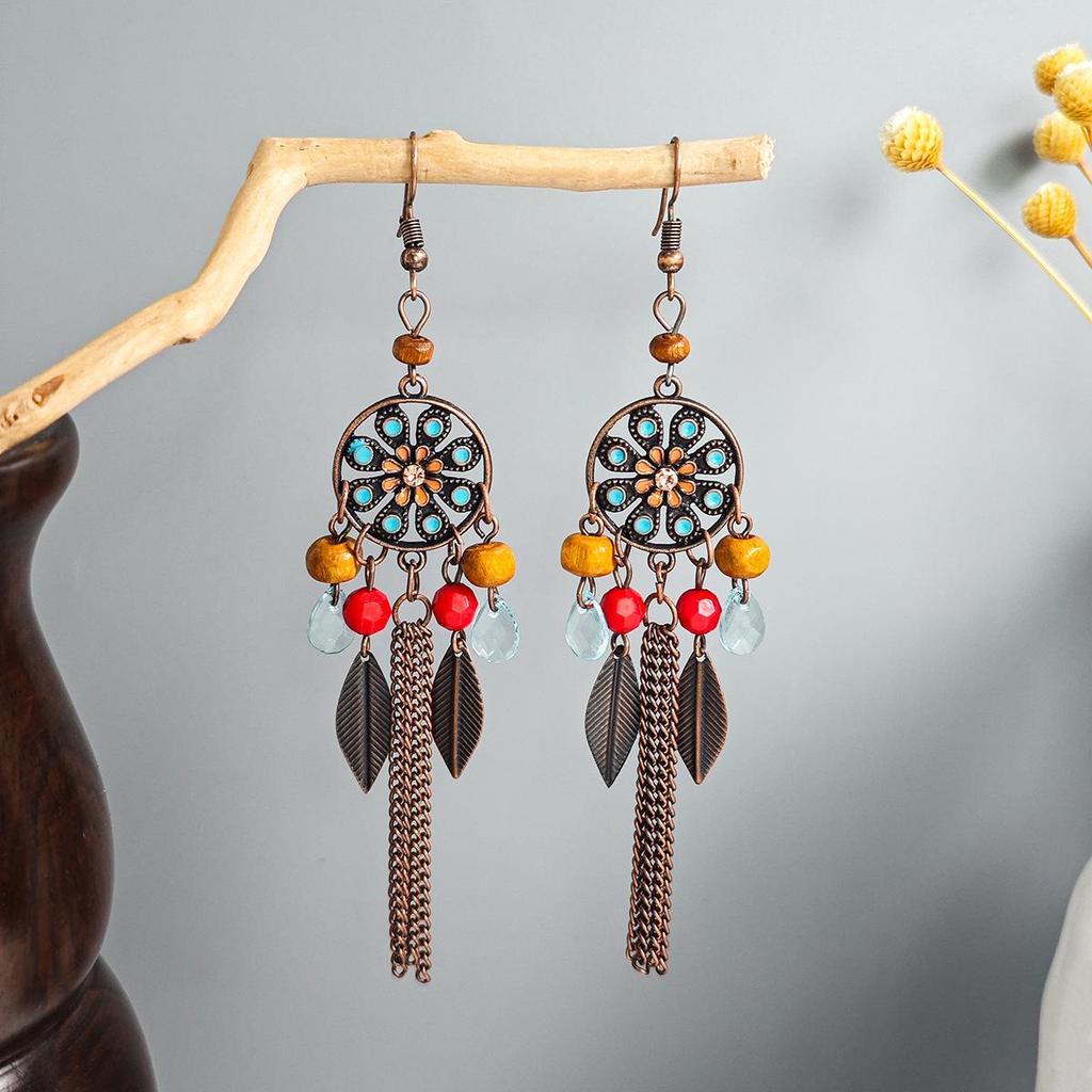 Bohemian Owl Bronze Filigree Earrings with Turquoise Tassels