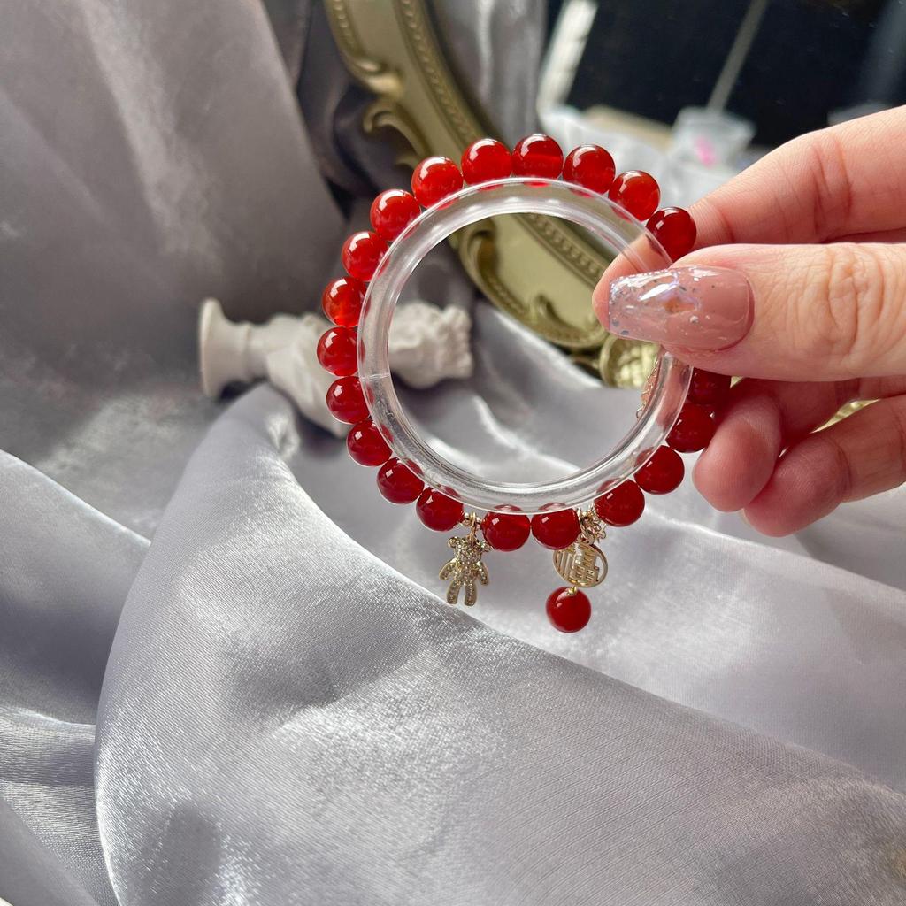 Women's Natural Red Agate Bracelet with Little Bear Fortune Tag - Original Chinese Style Hanfu Beaded Accessory