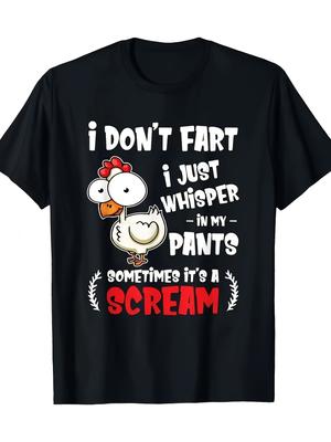 Interesting Chicken Enthusiast T-shirt - 'I Don't Fart, I Just Whisper In My Pants' - with Cartoon Rooster Pattern - Men's Su...