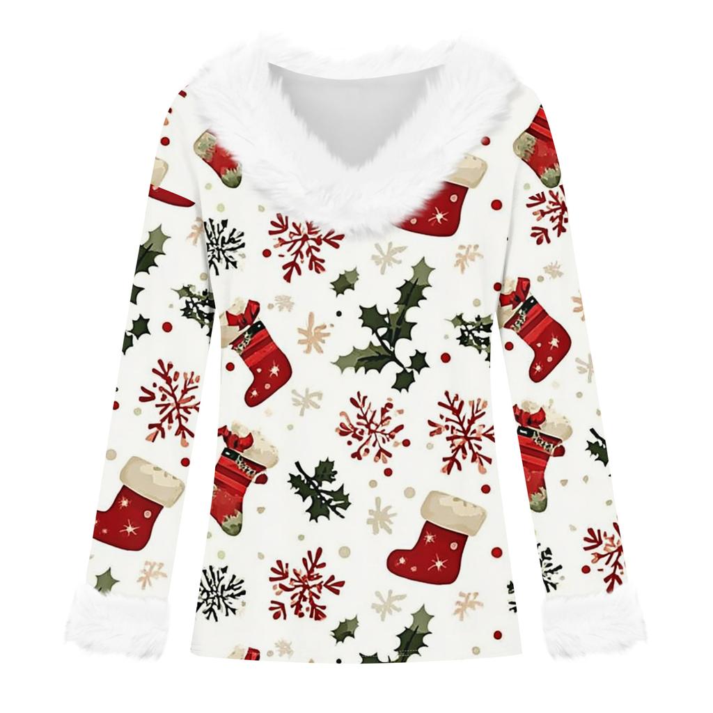 Women's Fashion Long Sleeve Christmas V-Neck Printed Party Furry Top