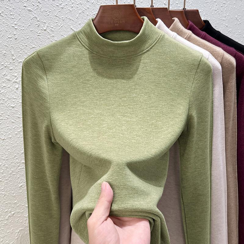 German Velvet Cashmere Semi-turtleneck Bottoming Shirt Women's Black Technology Thermal Clothing Autumn and Winter Thick with Velvet Black Top