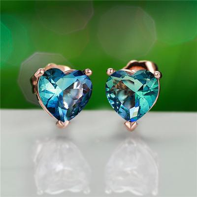 Cute Heart Blue Tourmaline Stud Earrings for Women Charm Wedding Engagement Ear Jewelry
