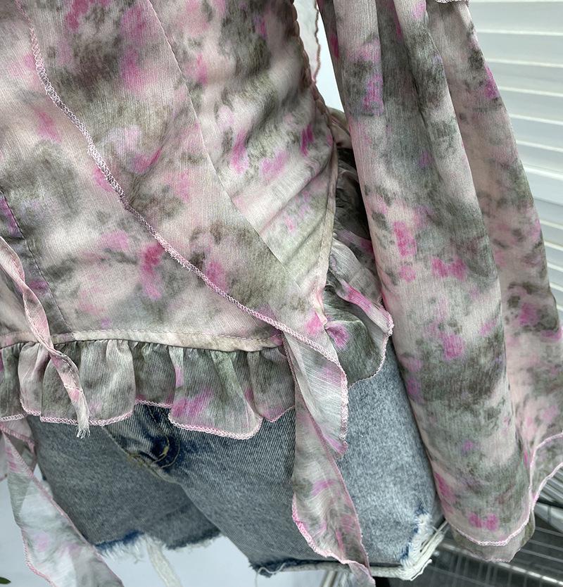 One-Shoulder Floral Print Bustier with Bell Sleeves and Lace-Up Back