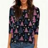 Women's Casual Fashion T-Shirt with Christmas Print, Round Neck, Three-Quarter Sleeves