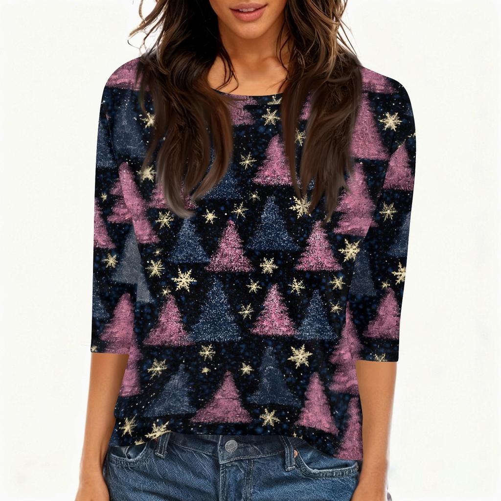 Women's Casual Fashion T-Shirt with Christmas Print, Round Neck, Three-Quarter Sleeves