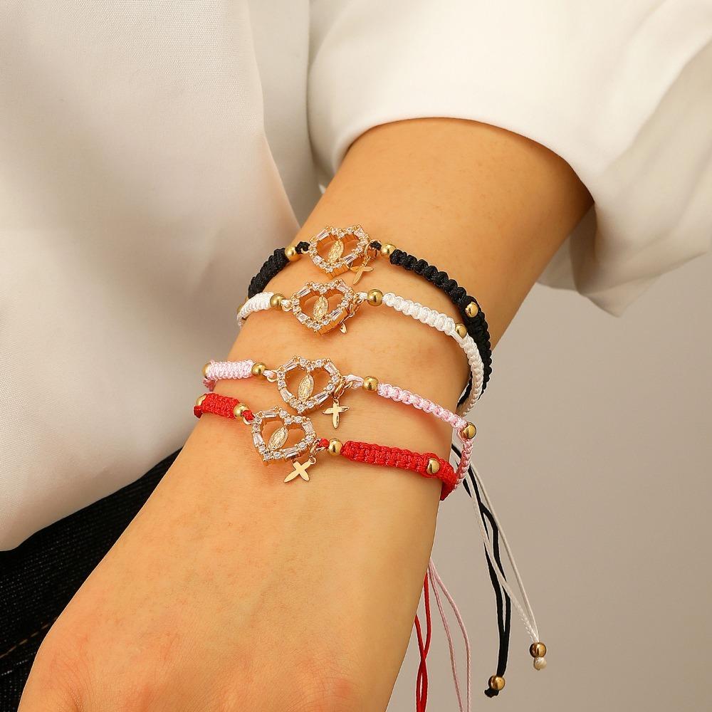 Personality Exquisite Virgin Mary Micro-inlay Zircon Hollow Heart-shaped Cross Pendant Hand-woven Pull Bracelet Women's Jewelry