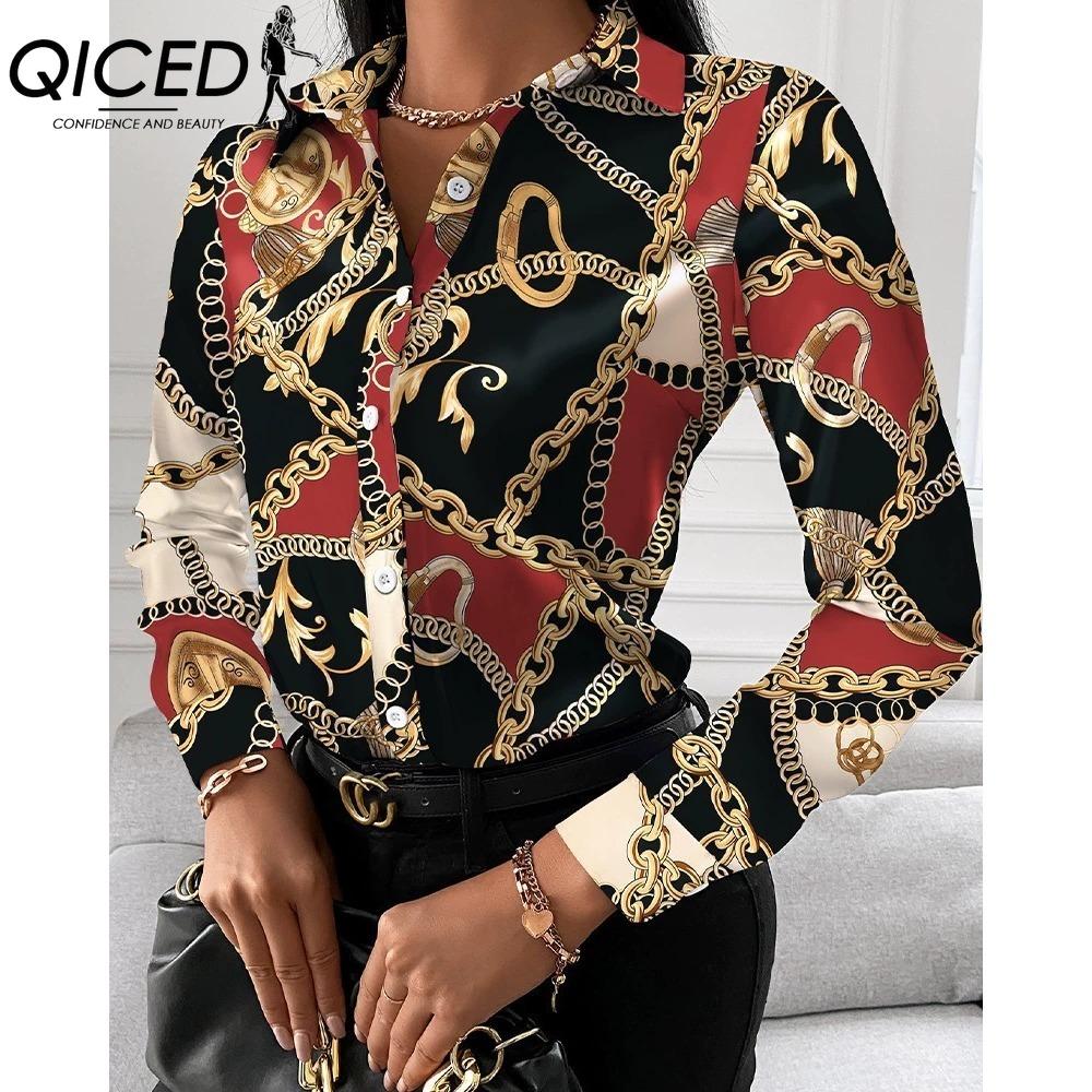QICED Women's Fashion Casual Solid Color Print Long Sleeve POLO Neck Blouses & Shirts