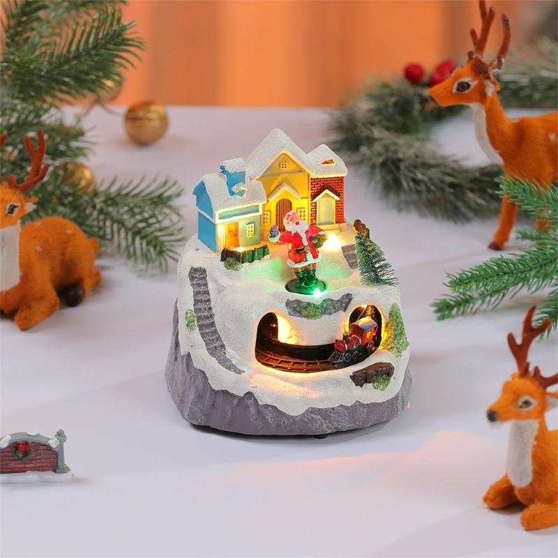 LED Light Christmas Village Scene with Santa/Tree Musical Lighted Christmas Collection Figurines for Home Decors