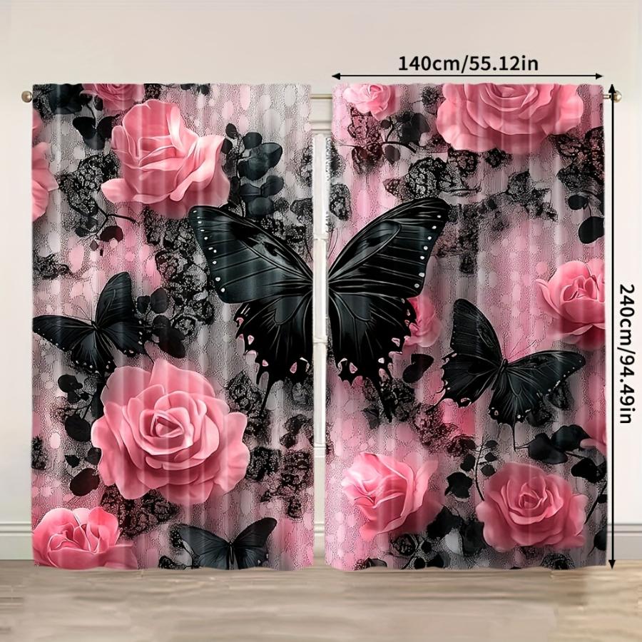 2PCS Digital Printed Curtains, Black Butterfly Dark Rose Gothic Mysterious, Home Decor Style for Living Room Bedroom Decor