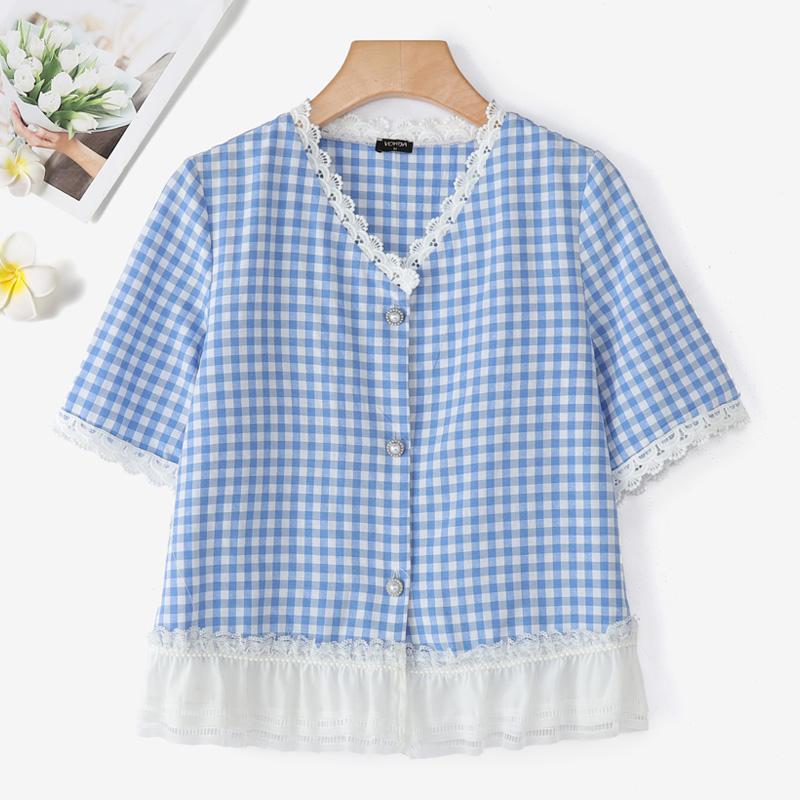 

VONDA Women V Neck Short Sleeve Lace Crochet Patchwork Buttons Plaid Casual Blouse 5XL синий