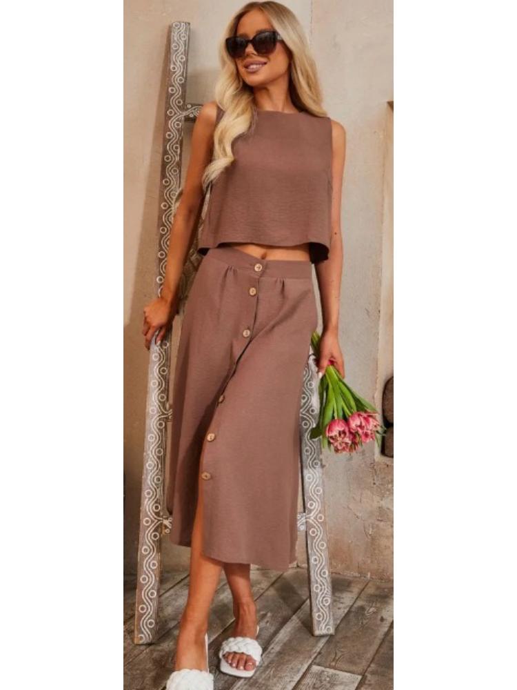 Women's Sleeveless Crop Top and Button Front Midi Skirt Set In 6 Colors