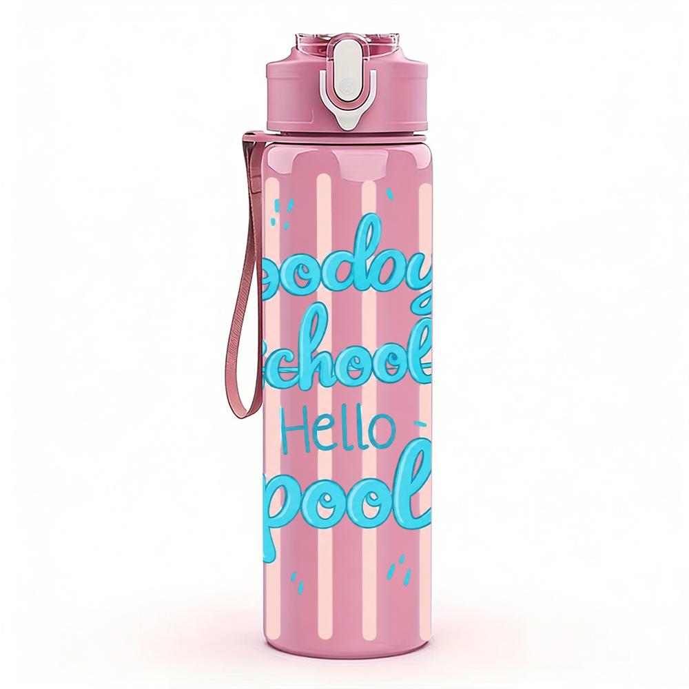 1PC Goodbye School Hello Pool Stripe 750ml Color Plastic Sports Water Bottle Leakproof Flip Straw Lid Suitable for Sports Office Home Use