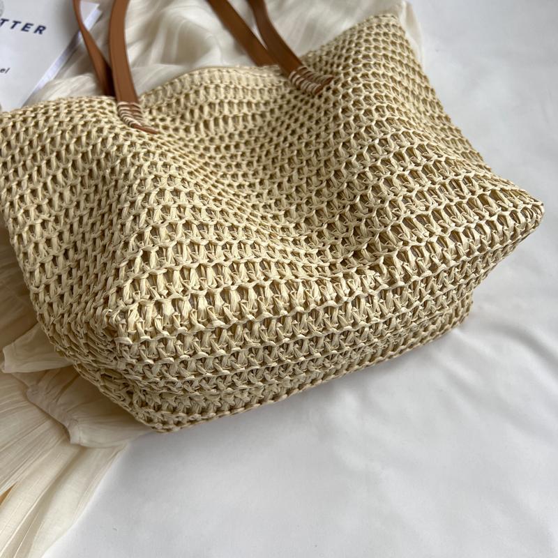 Woven Straw Tote Bag with Leather Handles Large Capacity Summer Beach Bag Women's Casual Handbag Everyday Use