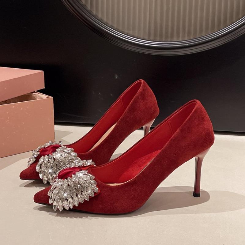Elegant Black Velvet High Heels Women's Shoes French Design Tassel Diamond Embellished Floral Patterned Shoes for Autumn Winter