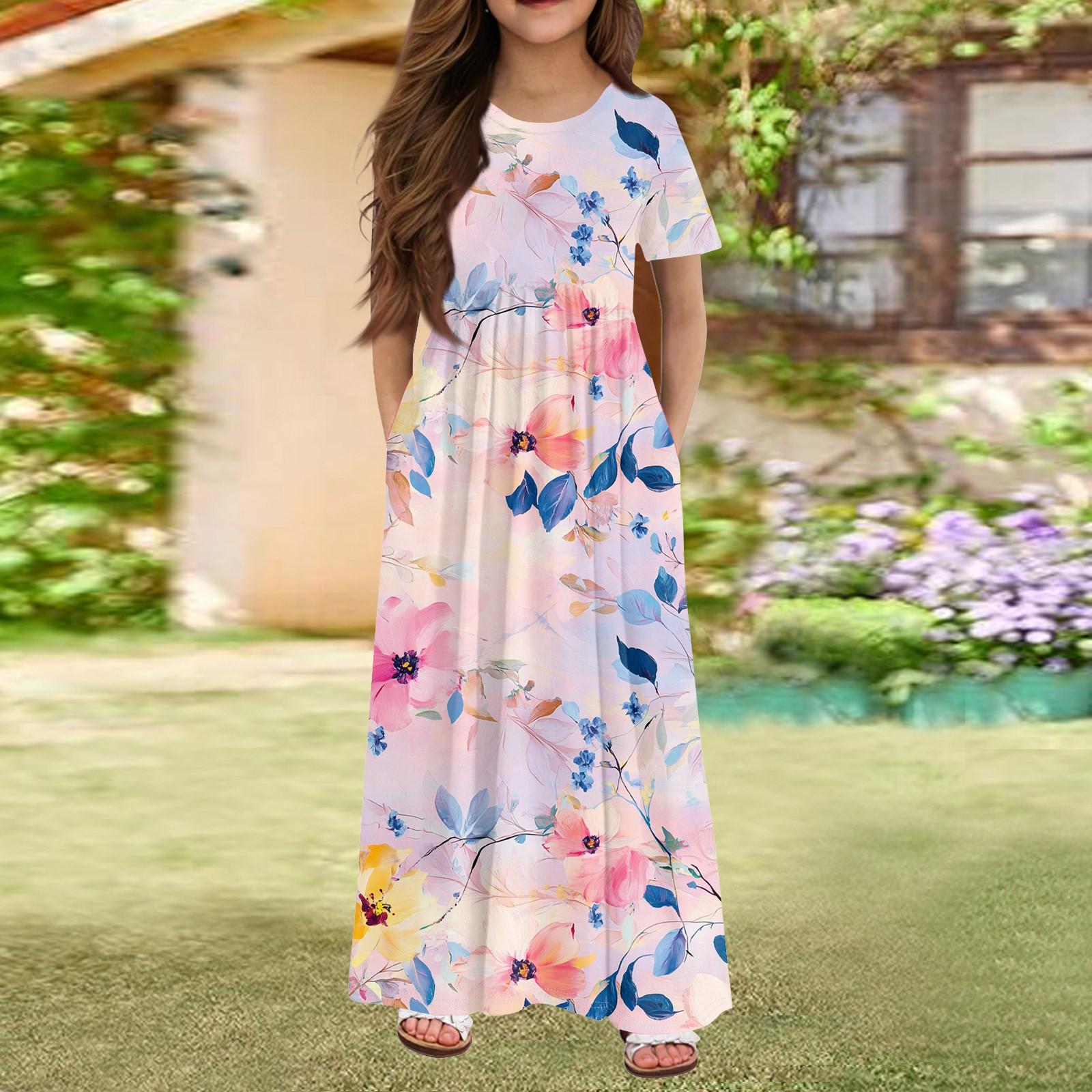 

Длинное летнее платье для девочек - платье макси с короткими рукавами и карманами для детей 4-14 лет 130 розовый