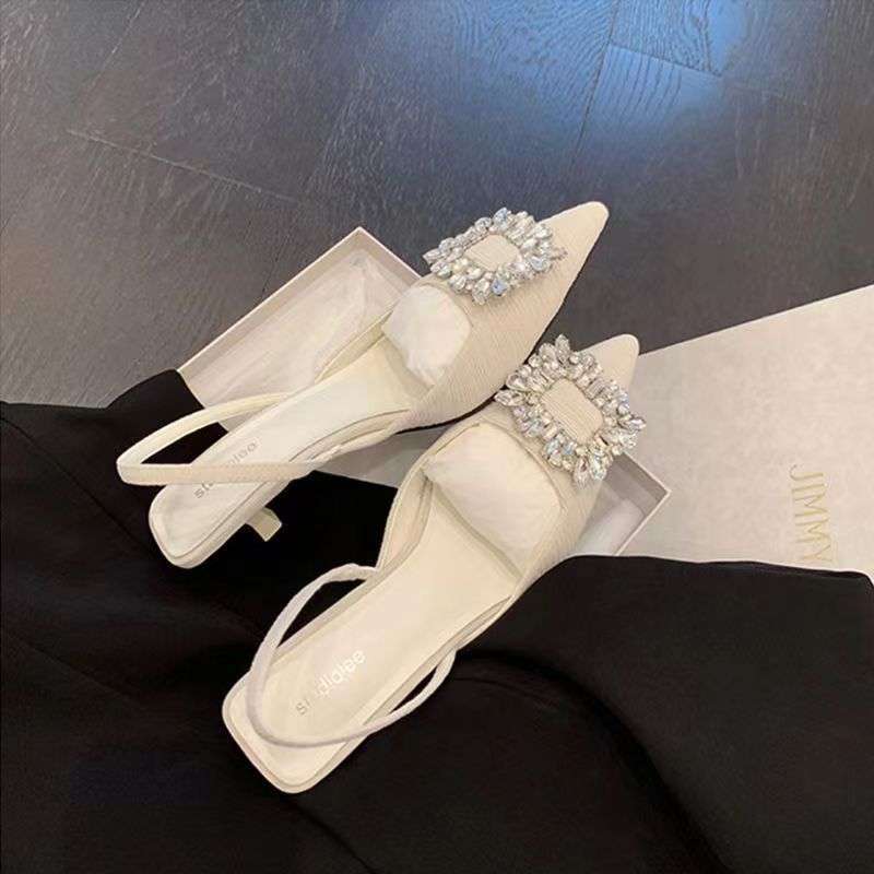 Norwegian Princess Rhinestone Square Buckle Pointed Back Empty High Heel Fairy Sandals Commuter Wedding Shoes