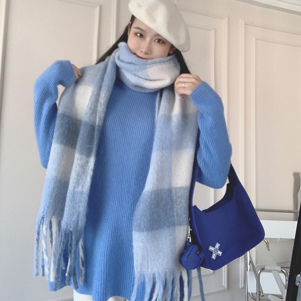 Herbst Winter Damen Verdickter Übergroßer Blauer Karoschal mit Fransen Fleece-ähnlicher Kaschmir Warmer Nackenwärmer Studenten Großer Schal