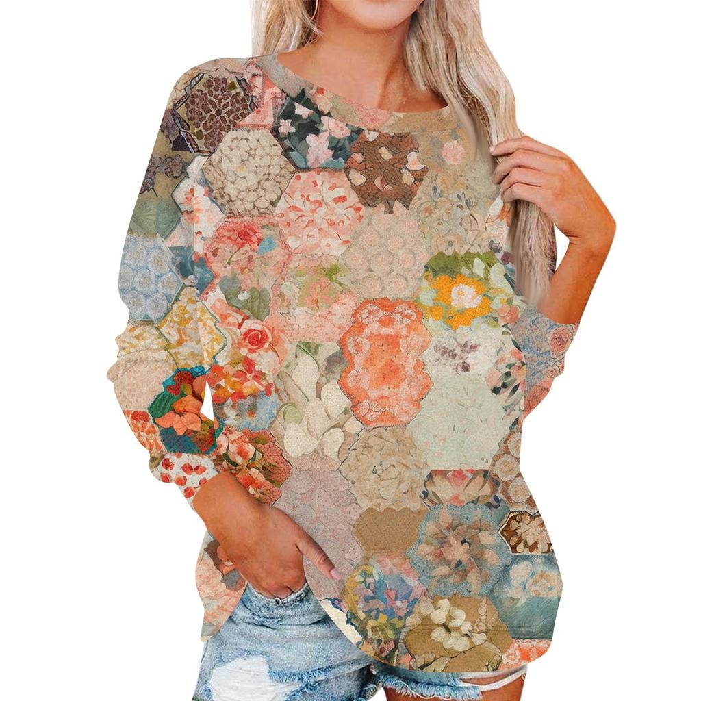 Damen Modisches Rundhals Schulter Langarm Bedrucktes Lässiges Pullover-Oberteil