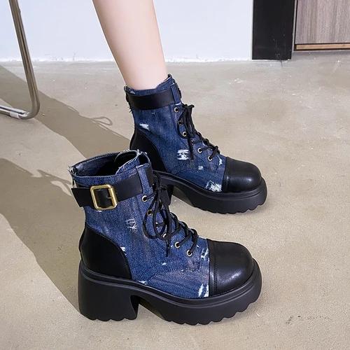 

Модные джинсовые лоскутные ретро-сапоги женские 2024 осень высокие кожаные сапоги до середины голени зимние 7,5 см короткие массивные сапоги Botas Mujer 39 темно-синий