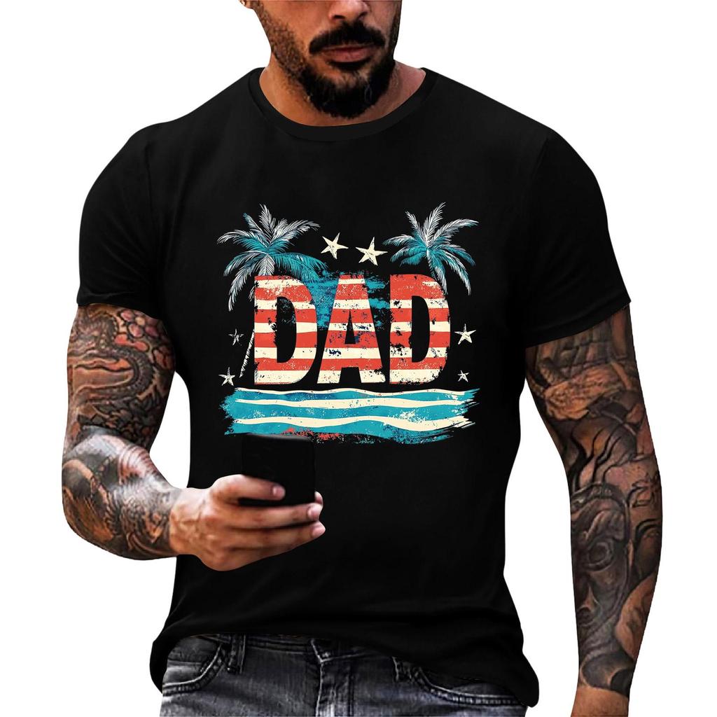 Men's Loose Fit Short Sleeve T Shirt Dad Flag Print Summer Casual Daily Wear Comfortable Lightweight Top for Outdoor Activities