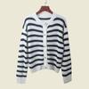 Stripes Contrast Color round Neck Knitting Cardigan Female Soft Glutinous Plaid Sweater Outer Wear Fashion Long Sleeve Top