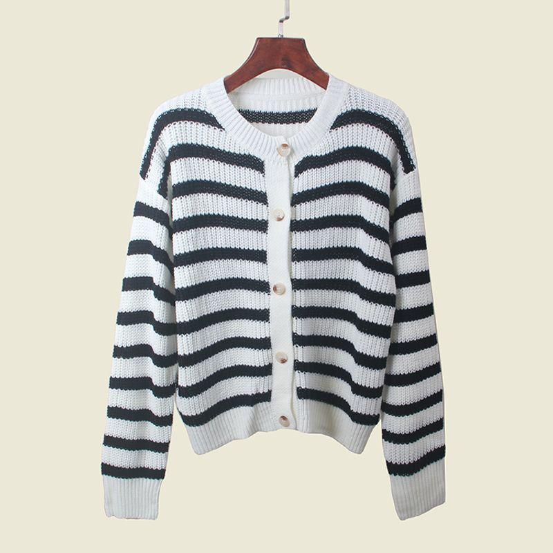 Stripes Contrast Color round Neck Knitting Cardigan Female Soft Glutinous Plaid Sweater Outer Wear Fashion Long Sleeve Top