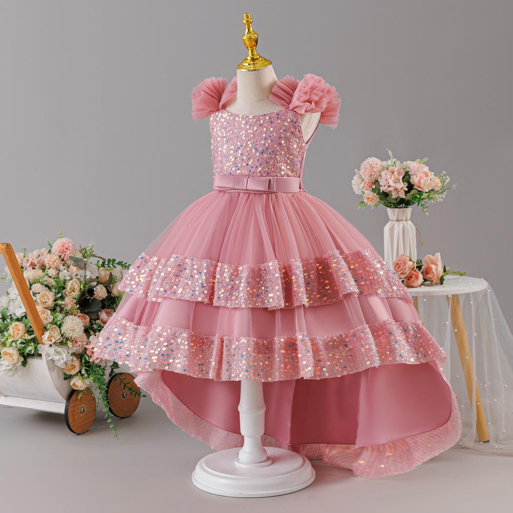 Pailletten-Prinzessinnenkleid: Formelles Kleid für Mädchen für Geburtstage und Partys – Schleife, Pailletten, Trägerlos, Schleppe