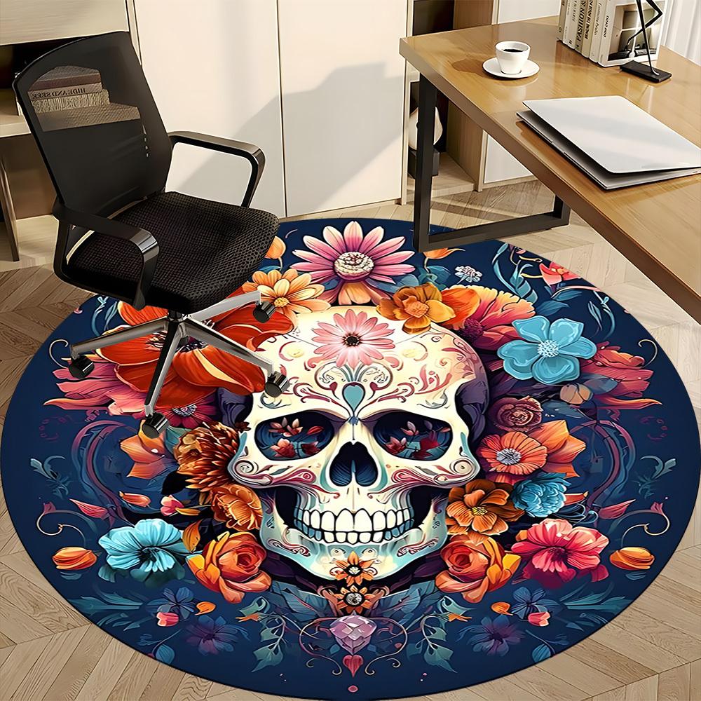 1 Stück Zuckerschädel Blumen Büro Runder Teppich, Unter Bürostühlen Schlafzimmer Wohnzimmer Heimdekoration, Raumdeko, In Verschiedenen Größen Erhältlich