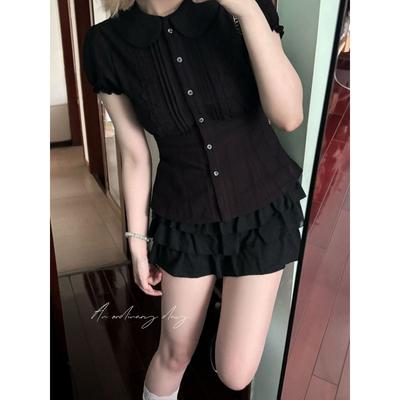 Elegant Fitted Top Black Short Sleeve Blouse Daily Fashion Wear For Women