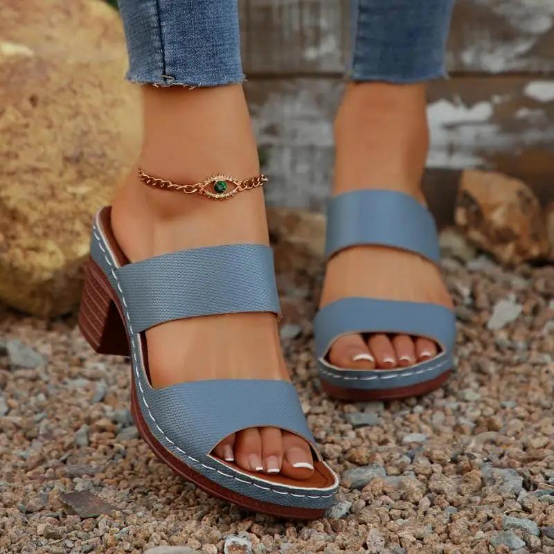 Fashion Vintage Open Toe Outside Slippers Women 2025 Summer High Heels Comfortable Sandals Women Classic Blue Back Strap Daily Shoes