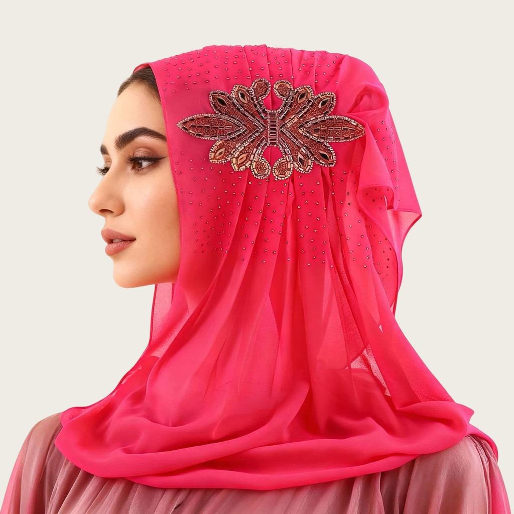 Luxury Rhinestone Chiffon Hijab Scarf Women Muslim Crystal Diamond Headscarf White Wedding Shawl Embroidered Beaded Turban Wrap