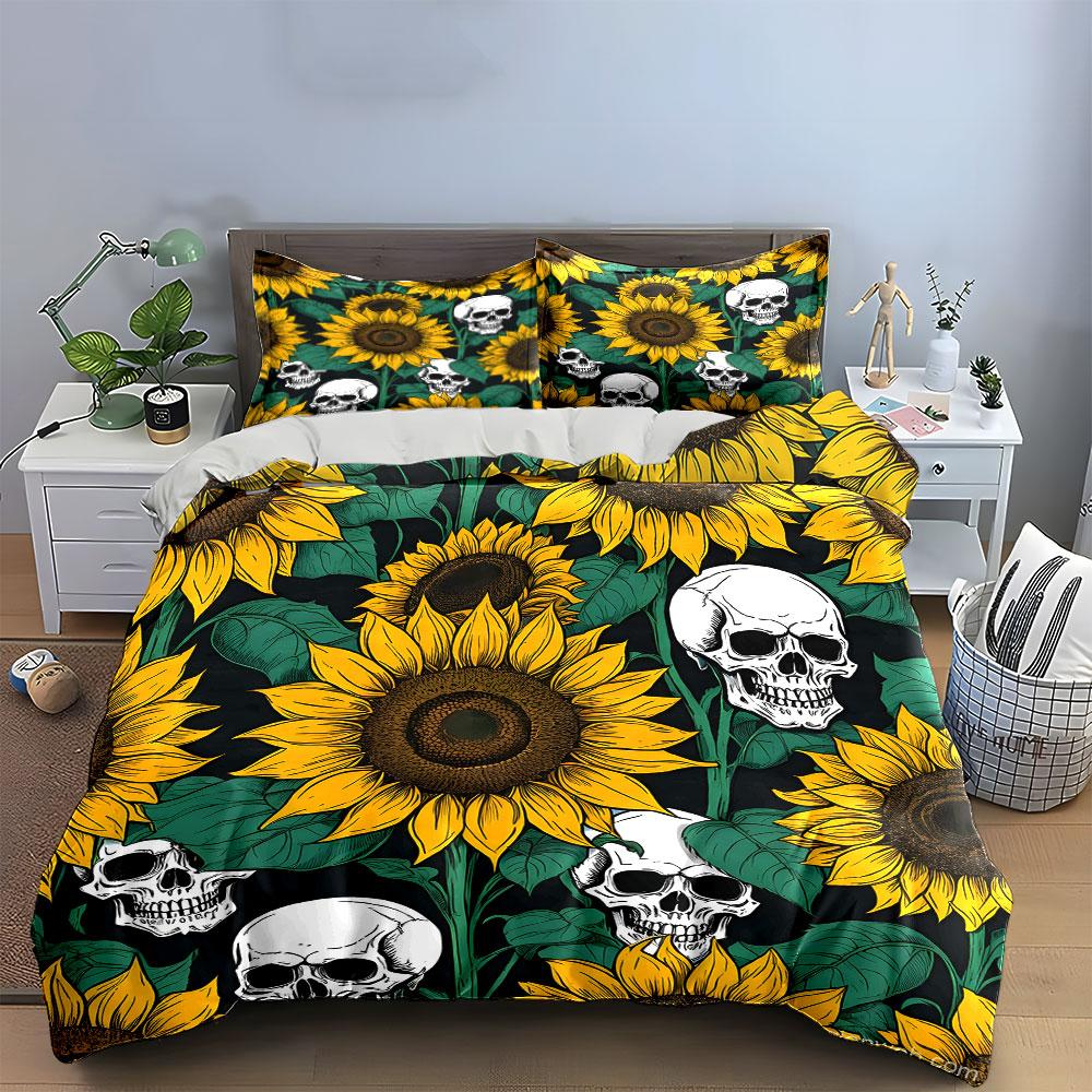 "Sunflower and Skull Art Design" Exquisite Three-piece Bedding Set Gift for Kids and Adults