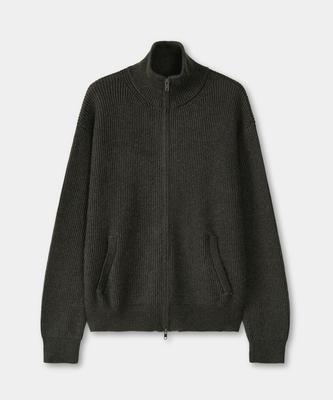 Excontainer Minimal High-Neck Knit Zip-Up (Khaki Green)