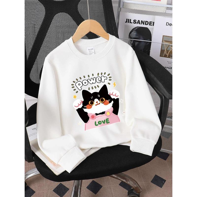 European sizes Kids' Crewneck Sweatshirt - Power Cat Love Pink Apron , Sportswear And Casual Wear, Soft And Comfortable, Children's Clothing