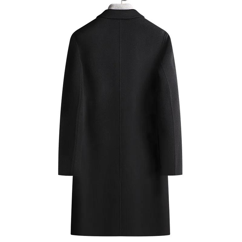 Trench in Lana Double Face da Uomo, Capospalla in Lana Nero, Cappotto Lungo, Doppiopetto, Spesso Nero, Autunno, Inverno