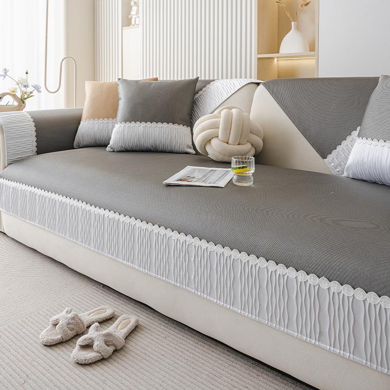New Summer Cool Cover Fixed Non-Slip Straight Row Seat Cushion Cloth Solid Color Simple Modern Ice Silk Sofa Cushion