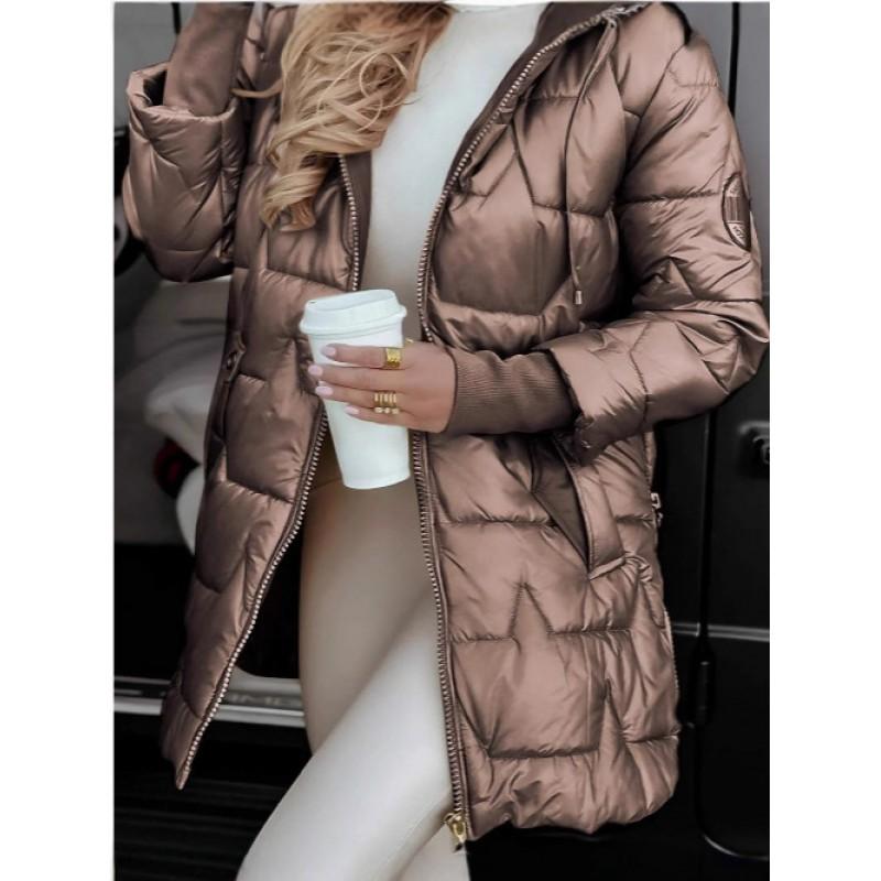 Womens Mid-Length Hooded Cotton Puffer Jacket 3-Zipper Casual Winter Coat Work