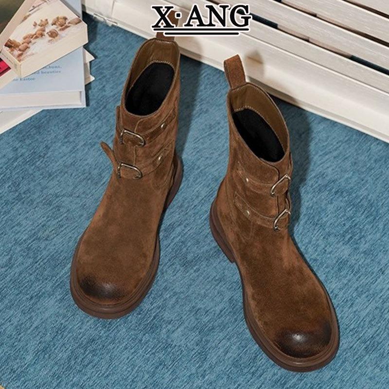 Cowhide version Brown Barn style boots Women's thick heel Martin boots Medium motorcycle boots Western cowboy boots Skinny short boots