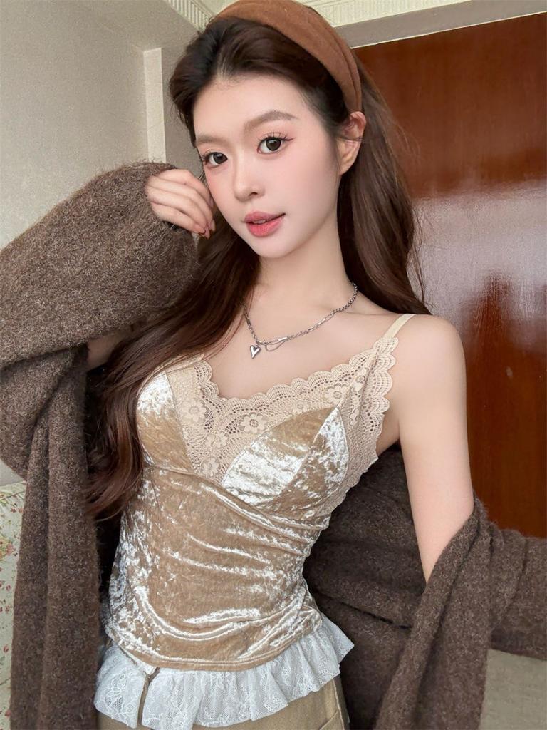 #Golden Velvet New Sexy Lace V-Neck Suspender Vest Slim Fixed with Chest Pad Versatile