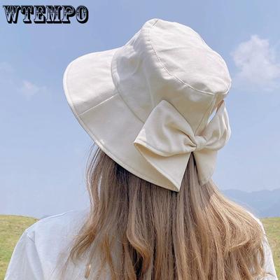 1PC Simple Solid Color Bow Big Brimmed Sun Hats Spring Summer Versatile Windproof Sunscreen Hats Lightweight Bucket Hats