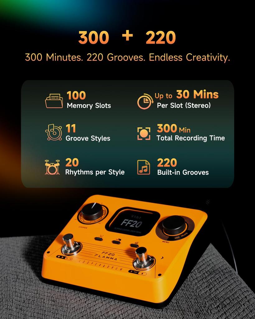 FLAMMA FF20 Looper Pedal Drum Machine with 300 Minutes of Recording 220 Drum 100 Loop Time Auto USB Headphone Output for Guitar and Bass Screen, Time,