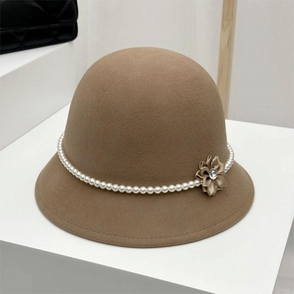 French Style Flower Topper Hat Pearl Woolen Bucket Hat Fashion Fisherman Hat Famale