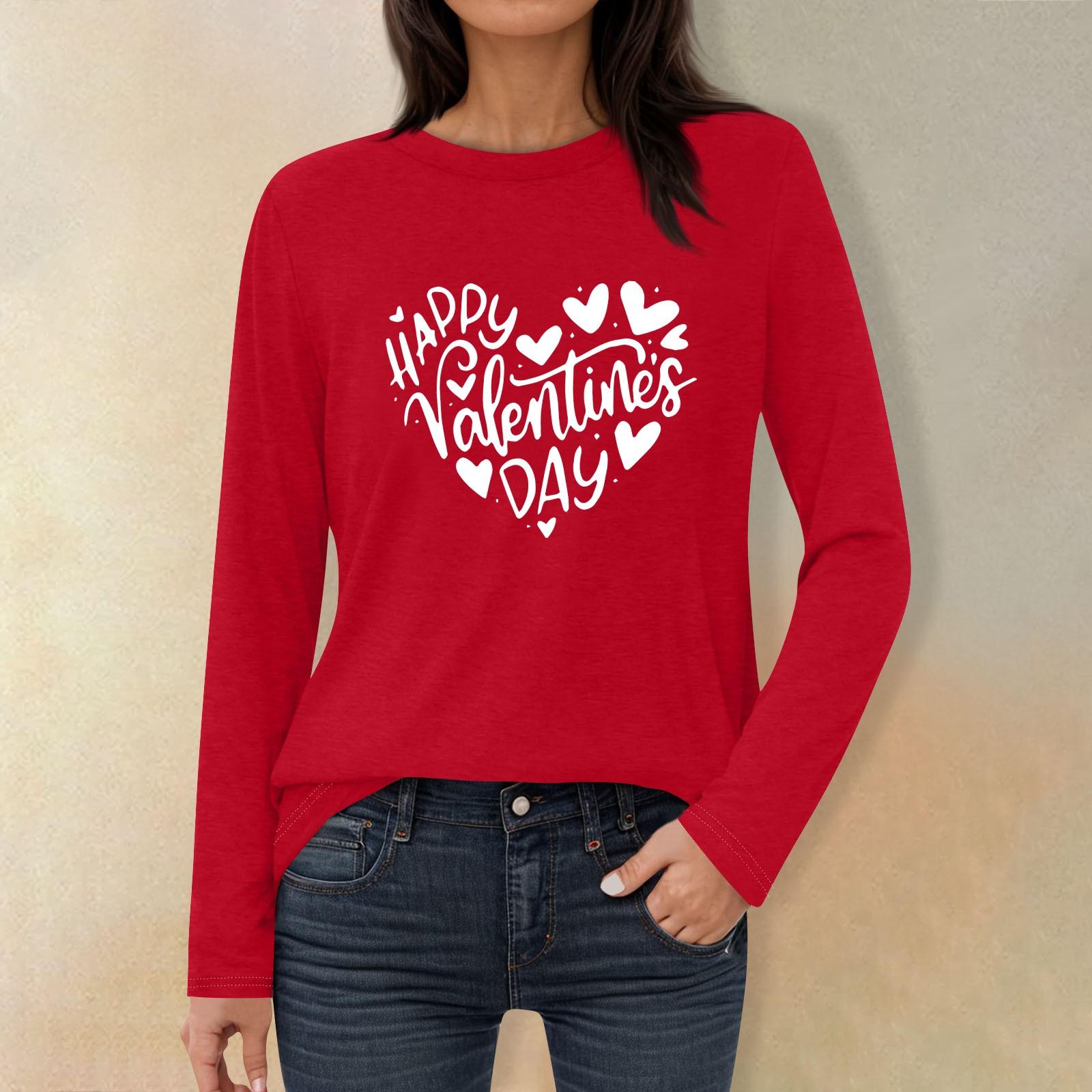 

Жіноча мода повсякденна футболка з круглим вирізом та довгим рукавом з принтом кохання до Дня святого Валентина L червоний